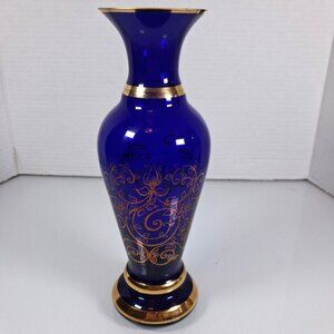 Vintage Vecchia Murano Art Glass Vase VR Mark Gold Trim Cobalt Blue
